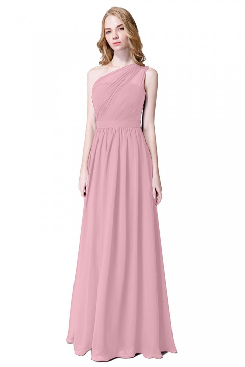 Illusion One-Shoulder Chiffon Pleated Bridesmaid Dress Long