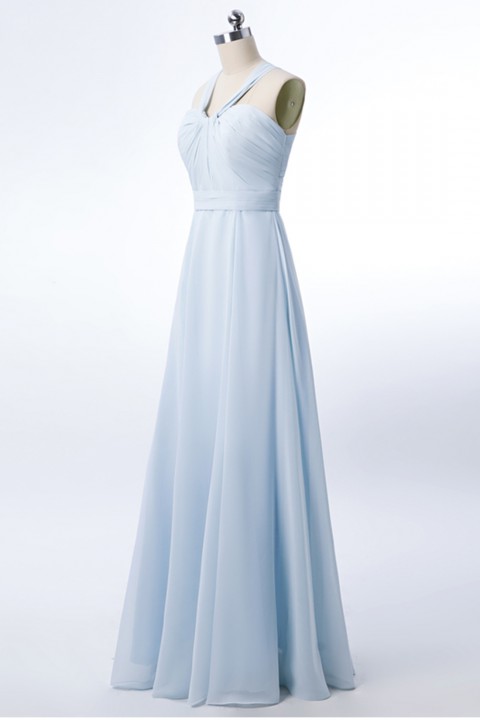 Halter Neck Ruched Bodice Chiffon A-line Bridesmaid Dress with Cutout Back