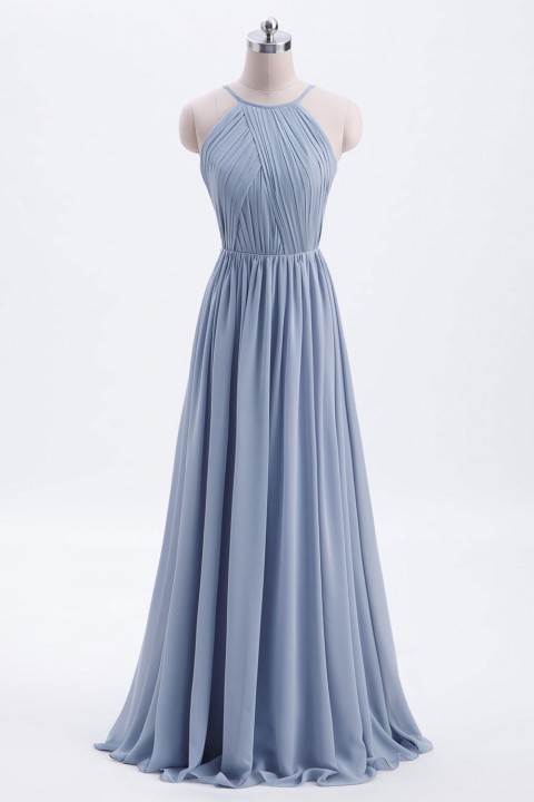 Pleated A-Line Halter Spaghetti-Straps Back Chiffon Bridesmaid Dress