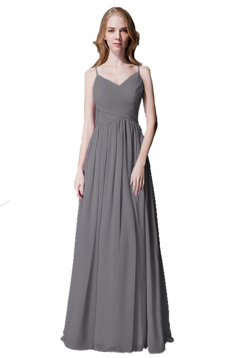 Spaghetti Straps Pleated Chiffon Bridesmaid Dress with Lace Open Back