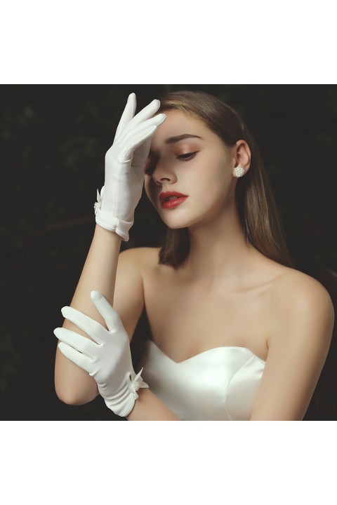 White Bow Decor Bright Wedding Bridal Satin Gloves