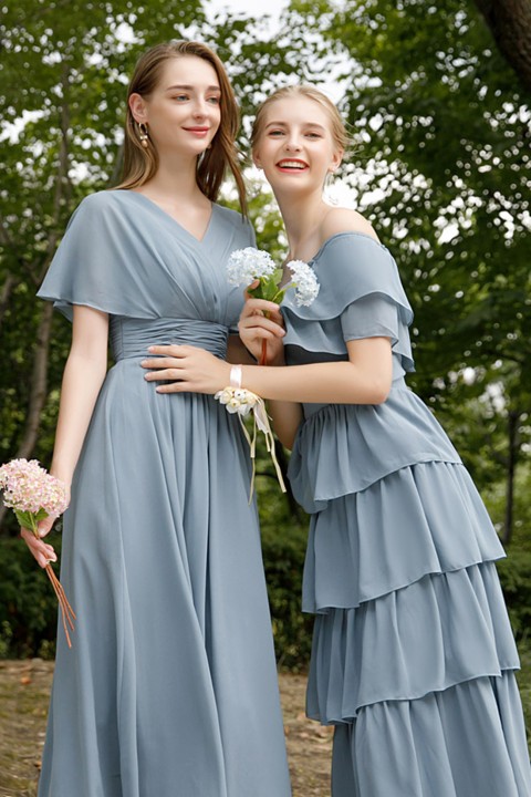 Short Sleeve V Neck Ruched Chiffon Bridesmaid Dress with Corsage Back