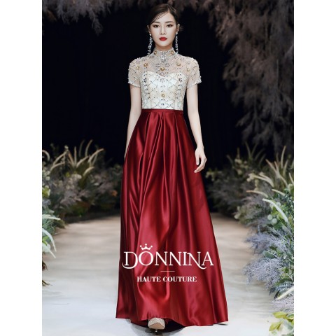 Gorgeous High Neck Beaded Decor High Waist Satin Party Dress