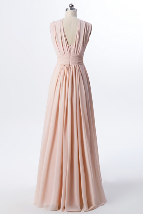 Twisted Halter Neck Pleated Bodice Illusion Back Chiffon Long Bridesmaid Dress