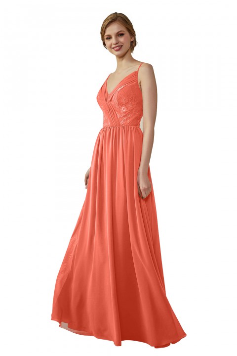 Double Spaghetti Straps Draped Lace Open-back Chiffon Bridesmaid Dress