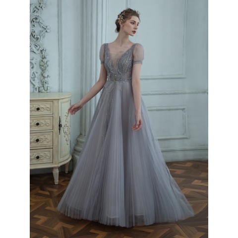 Grey Deep V-neck Puff Sleeves Beaded & Sequin Decor Pleated Tulle Party Dress