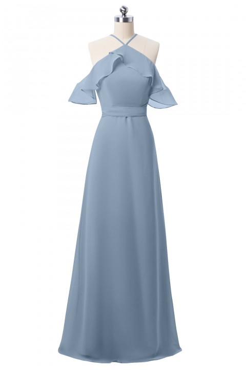 Halter Neckline with Flouncing Off Shoulder Keyhole Back Bridesmaid Dress with Belt