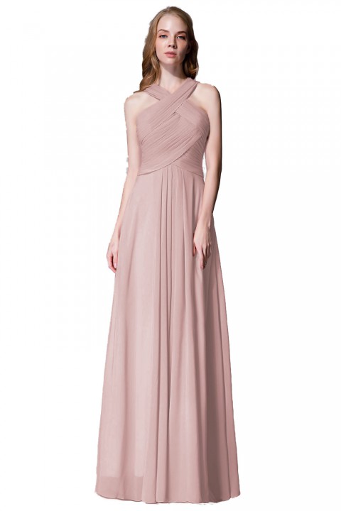 Chic Criss-cross Halter Pleated Chiffon Bridesmaid Dress Long