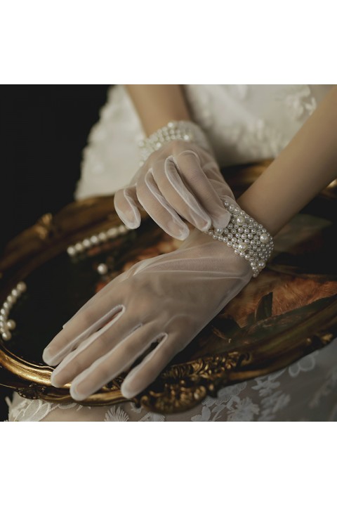 White Handmade Beads Decor Tulle Wedding Bridal Gloves