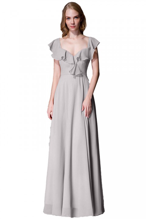 V Neck Cascading Ruffles Sleeve Bow Back Bridesmaid Dress 