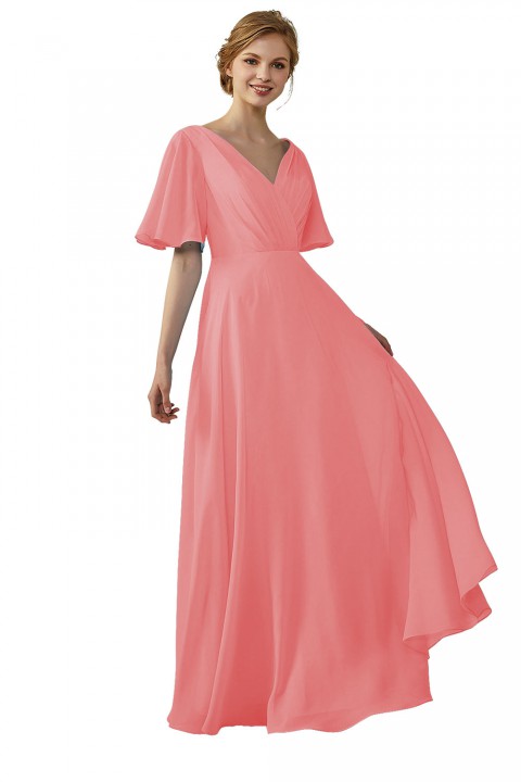 Casual V-Neck Flutter Sleeves Chiffon Ruched Bridesmaid Dress with Keyhole Back