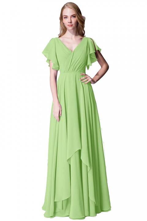 Flutter Sleeve Chiffon Ruched V Back Bridesmaid Dress Long