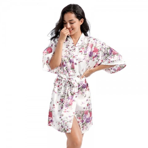 Floral Slogan Printed Tied Waist Silk Bride Robe