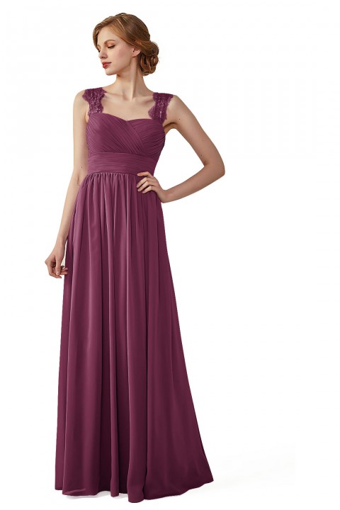 Pleated Long Chiffon Open Back Lace Strap Bridesmaid Dress