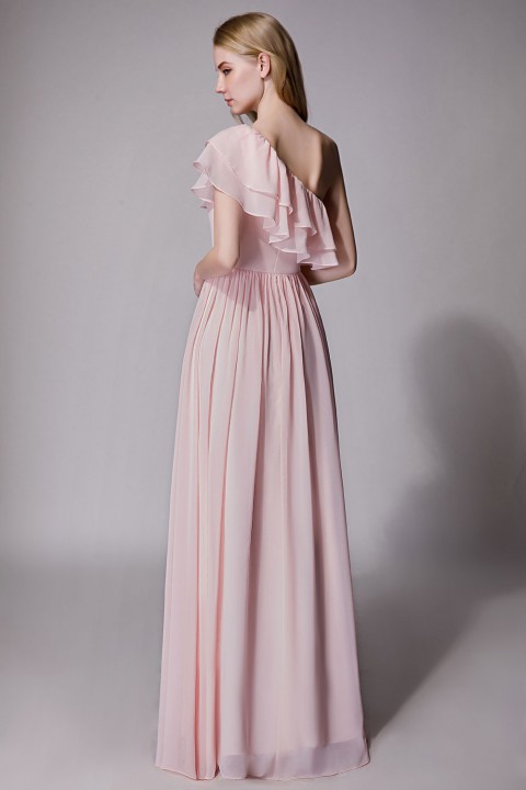 Asymmetrical One-Shoulder Flounce Chiffon Bridesmaid Dress Long