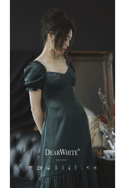 Dark Green Square V Neck Short Puff Sleeves High Waist Ruffle Satin Bridesmaid Dress