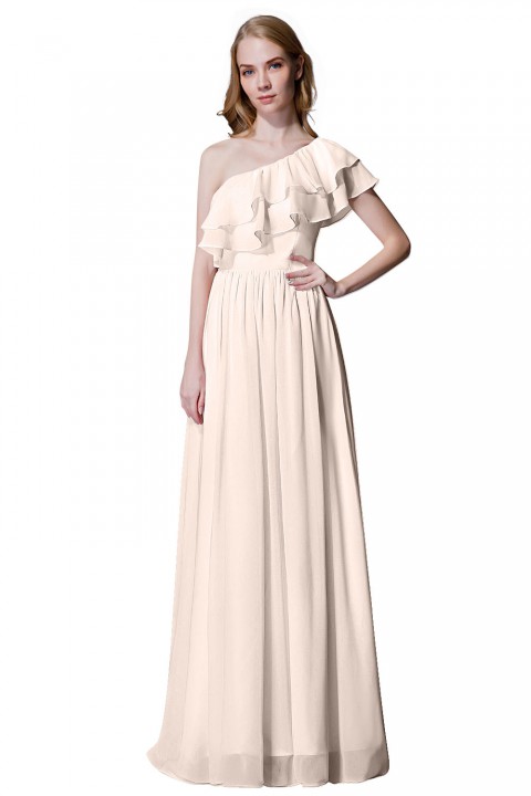 Asymmetrical One-Shoulder Flounce Chiffon Bridesmaid Dress Long