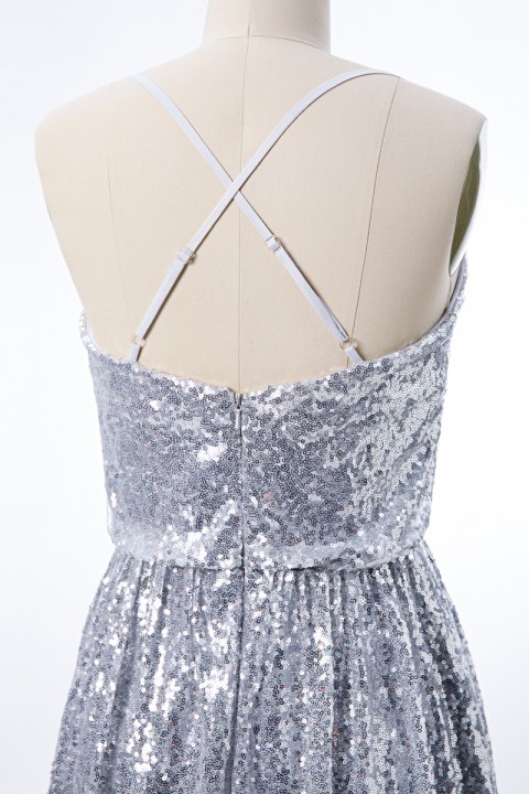 Adjustable Spaghetti Straps Crisscross Tie Back Sequin Bridesmaid Dress