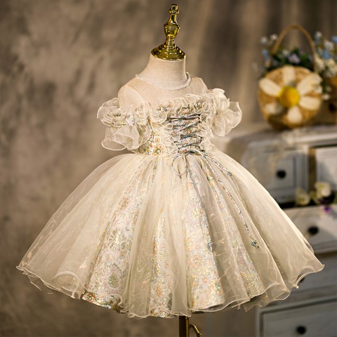 High-class Embroidery Round Neck Cap Sleeves Princess Costume Dresses
