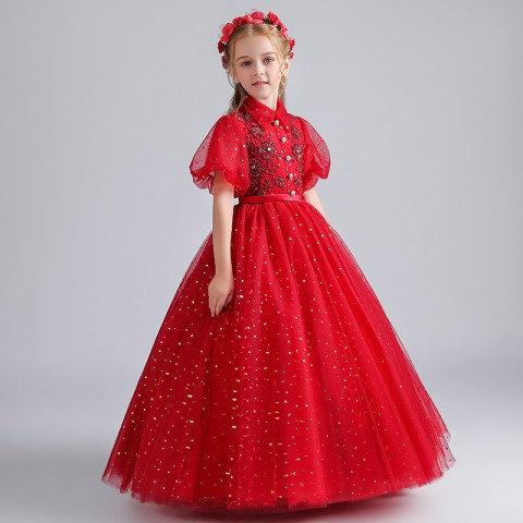 Wine Red Shirt Collar Cap Sleeve Sequined&Beading Tulle Skirt Girls Pageant Dresses