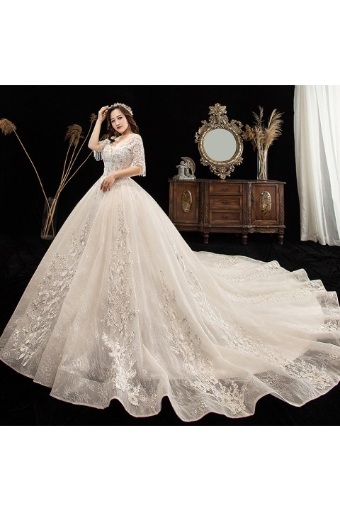 Plus Size 2021 Deep V Neck Short Sleeves With Tassel Beaded Flower Tulle Wedding Dress With Long Train