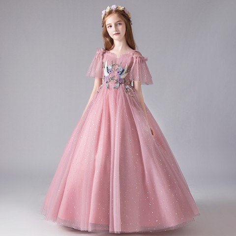 Pink Illusion Neck Sleeveless Birds Embroidery&Seqins Decor Tulle Skirt Girls Pageant Dresses