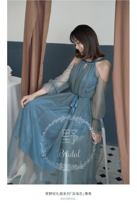 Crystal Blue Halter Neck Cold Shoulder Long Tulle Sleeves Belted Luxe Satin Bridesmaid Dress