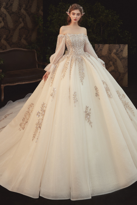 2021 Fashion Off Shoulder Long Sleeves Sequined Tulle Wedding Dress With Long Train
