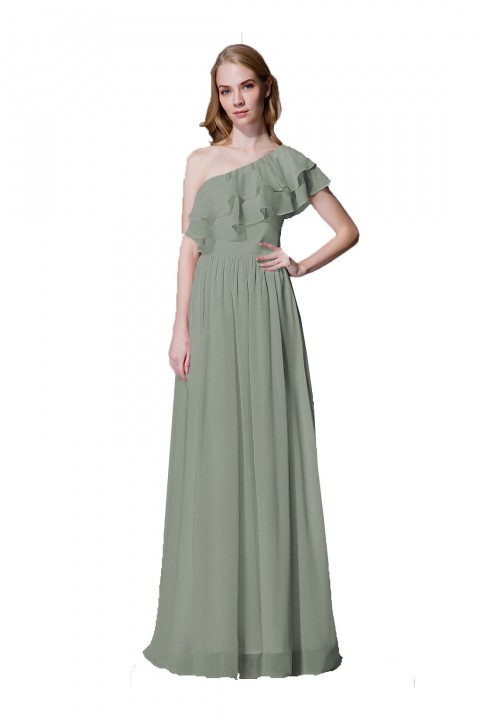 Asymmetrical One-Shoulder Flounce Chiffon Bridesmaid Dress Long