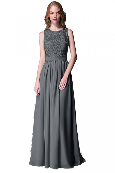 Lace Upper Bodice Illusion Scoop Neck Chiffon Bridesmaid Dress Sleeveless