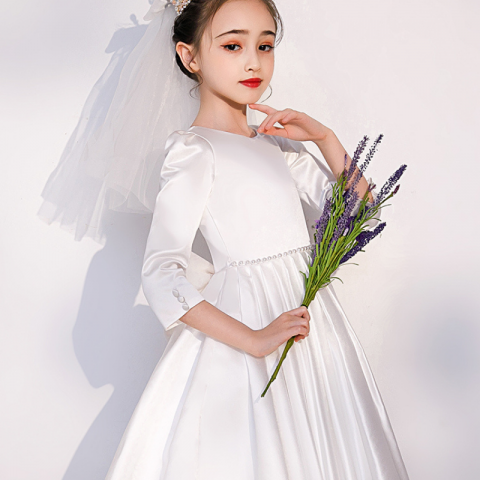 Creamy White Satin Bow Long Sleeves Princess Tulle Skirt Flower Girl Dresses