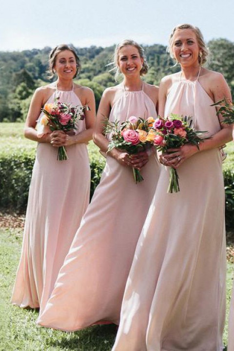 Bohemian Halter Ruffles Open Back Chiffon Bridesmaid Dress 