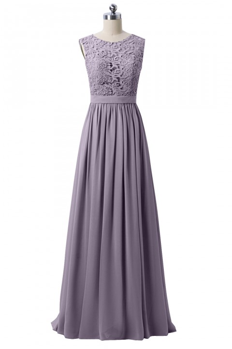 Lace Scoop Illusion Back A-Line Chiffon Bridesmaid Dress Long