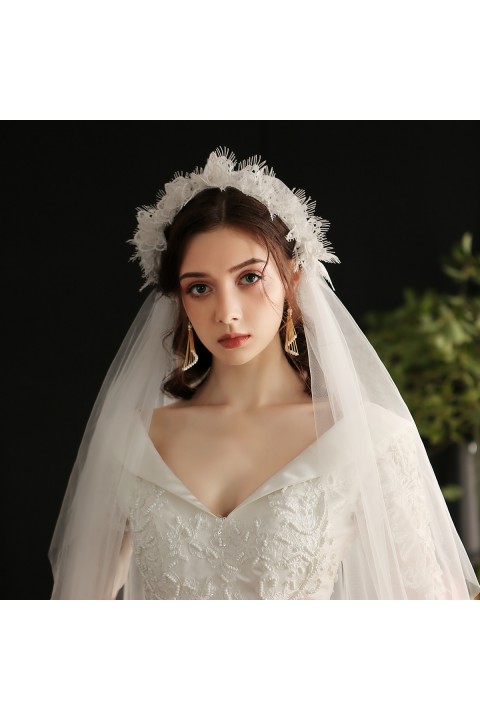 Vintage Lace Flower Shape Decor Soft Tulle Long Wedding Bridal Veil