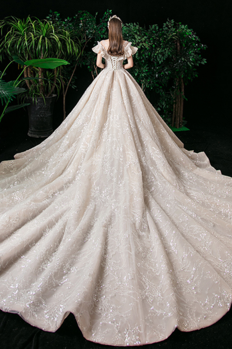 2021 New Off Shoulder Hand-made Beads&Sequins Decor Tulle Wedding Dress With Long Train