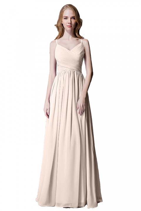 Spaghetti Straps Pleated Chiffon Bridesmaid Dress with Lace Open Back