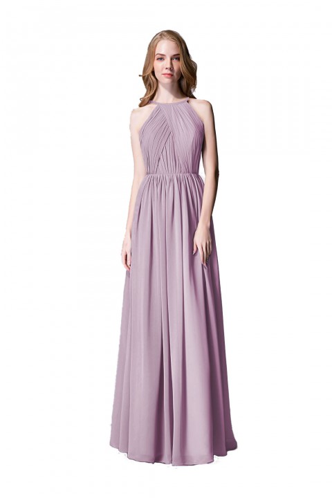 Pleated A-Line Halter Spaghetti-Straps Back Chiffon Bridesmaid Dress