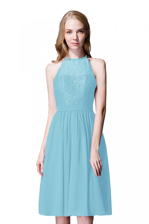 Illusion High Neck Halter Lace Short Bridesmaid Dress with Tie Detail