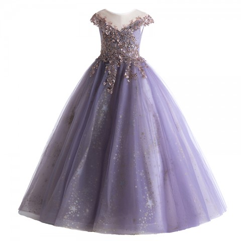 Purple Round Neck Short Sleeves Sequin & Bead Decor Shiny Star Tulle Skirt Girls Pageant Dress