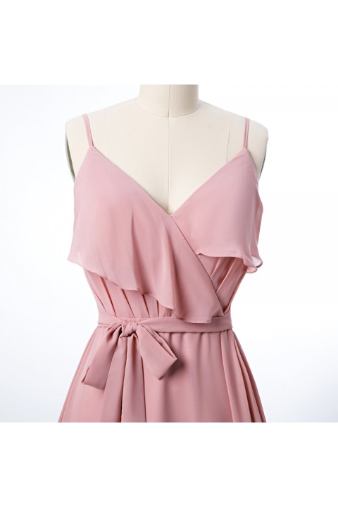 Spaghetti Straps Scoop Back Ruffled Chiffon Bridesmaid Dress with Sash