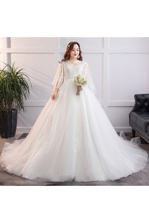 Plus Size 2021 Embroidered Flower Decor Deep V Neck Half Tulle Sleeves Embroidered Tulle Wedding Dress With Long Train