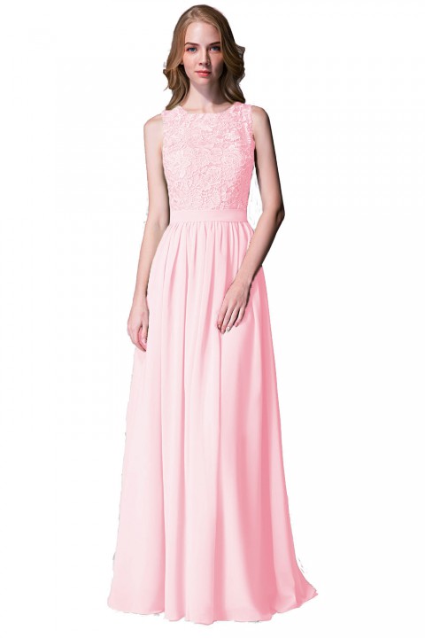 Lace Upper Bodice Illusion Scoop Neck Chiffon Bridesmaid Dress Sleeveless