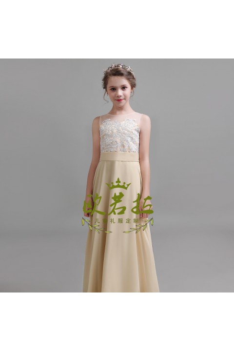 Round Neck Lace Embroidery Sleeveless Chiffon Junior Bridesmaid Dresses