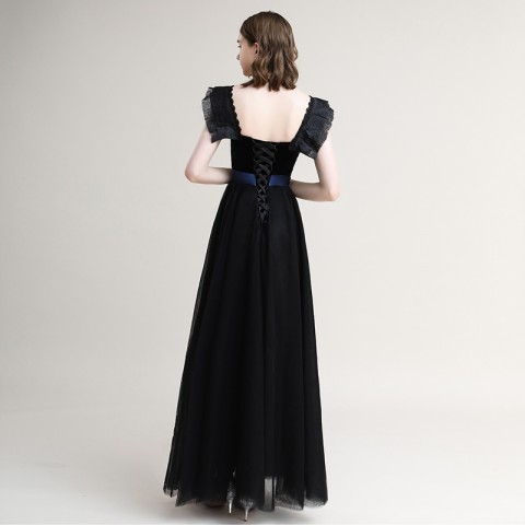 Black Strapless Square-cut Collar Corset Tulle Skirt Velvet Party Dress