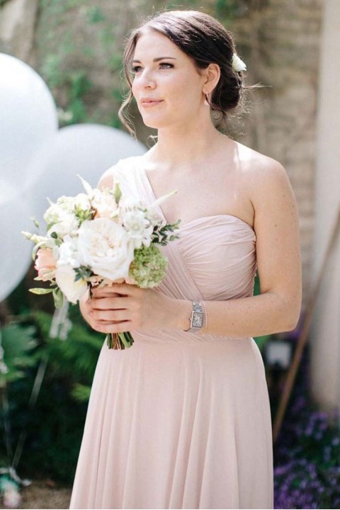 Asymmetrical One Shoulder Pleated A-Line Bridesmaid Dress 