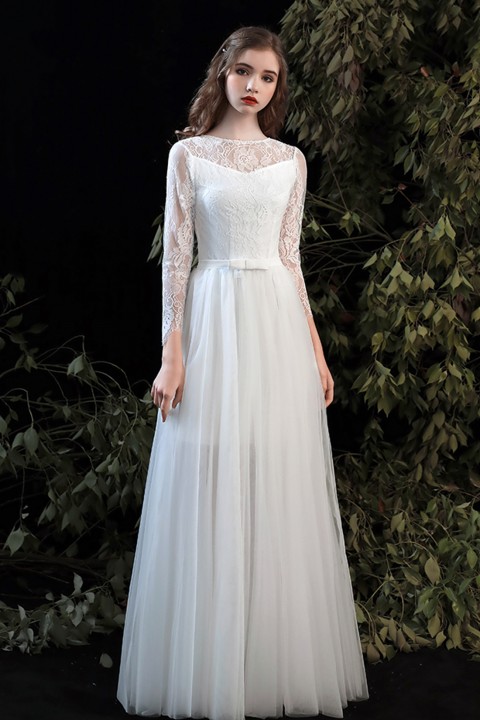 Illusion Neck Long Sleeve Lace Casual Wedding Dress with Detachable Tulle Skirt