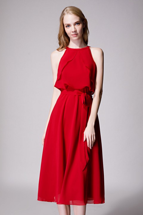 Flirty Off Shoulder Chiffon Ruffled Detachable Belt Bridesmaid Dress Short