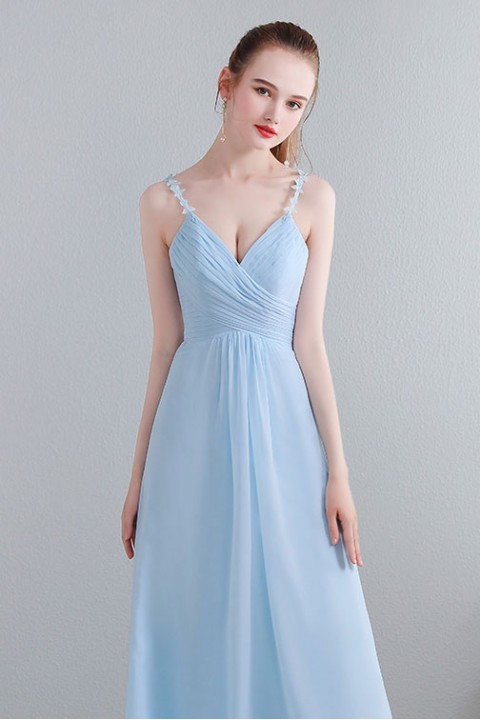 Lace Spaghetti Straps Illusion V Neck & Back Chiffon Bridesmaid Dress