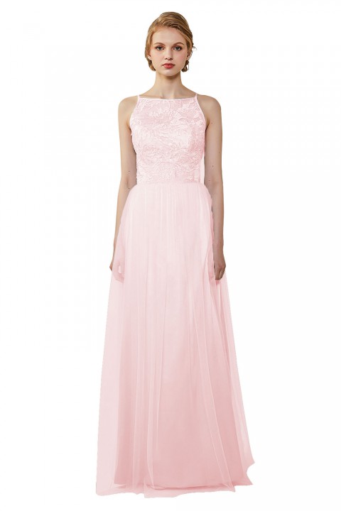 Tulle Lace Illusion Boatneck and Back Bridesmaid Dress with Keyhole 