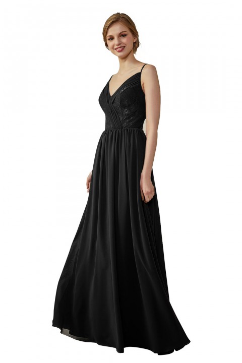 Double Spaghetti Straps Draped Lace Open-back Chiffon Bridesmaid Dress